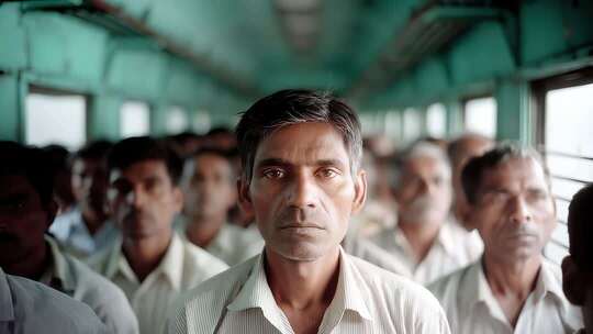 拥挤印度火车车厢内人们面部特写