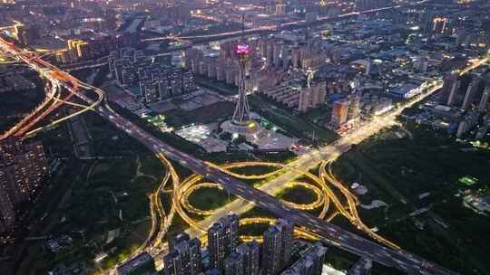 中国河南郑州中原福塔夜景航拍