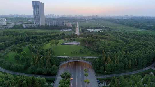 航拍上海普陀桃浦中央绿地