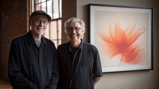 两位艺术家微笑站立于画作前