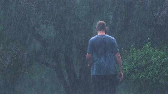 在树林中淋雨的男孩