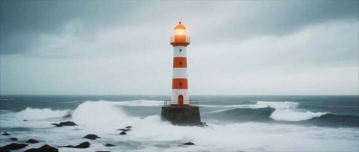 海上灯塔于波涛中闪烁