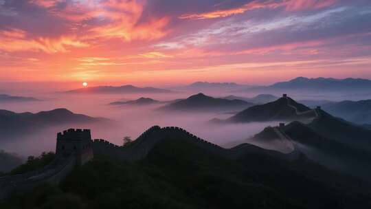 航拍云雾缭绕的壮美万里长城云海日出延时