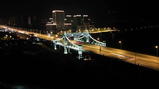 航拍哈尔滨市阳明滩大桥夜景延时