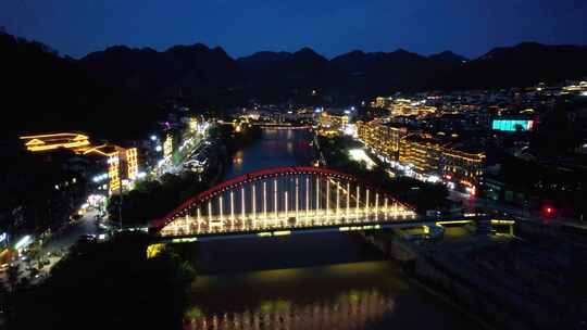 贵州遵义茅台镇城市赤水河滨夜景风光航拍