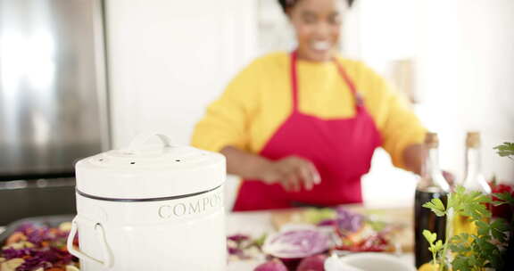 在家里明亮的厨房里，一名非裔美国妇女将蔬
