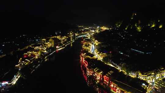 贵州镇远古镇夜景灯光航拍