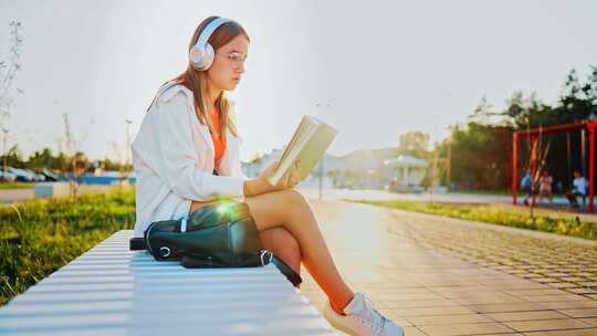 女孩坐在公园长椅上看书