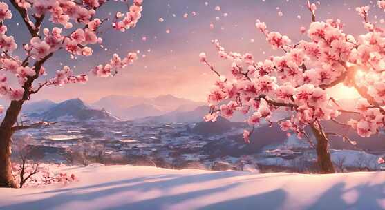 雪中盛开的红色梅花