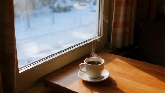 冬天窗边咖啡热气温暖治愈生活视频