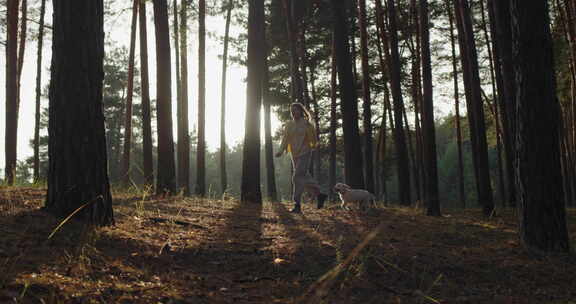 女孩跑通过森林与金毛猎犬小狗具有一个很好