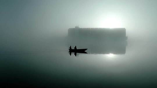 雾中航行：远处的船只与小船的宁静相遇