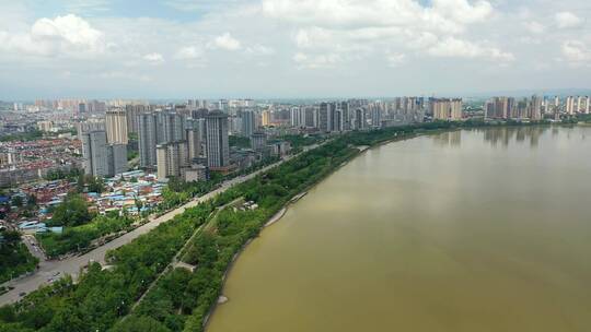 陕西汉中市汉江城市天际线风光航拍