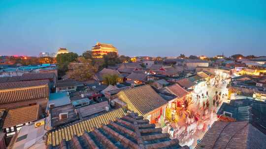 北京四合院胡同钟鼓楼亮灯夜景