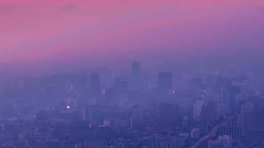中长焦航拍日落前的杭州城市高楼CBD