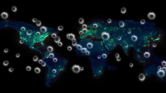 冠状病毒漂浮在世界地图上黑暗的Bg医学背
