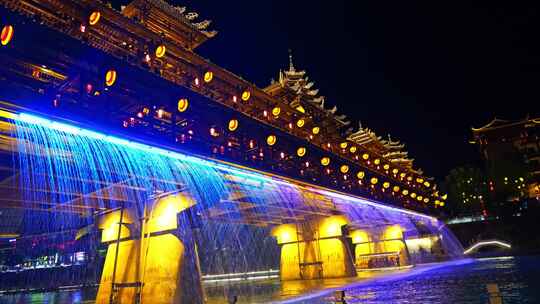 湖北恩施宣恩县风雨桥夜景夜色侗族建筑