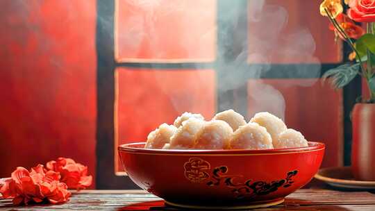 红笼美食红灯笼下 新春佳肴热气腾腾红灯笼