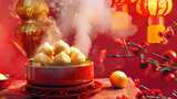红笼美食红灯笼下 新春佳肴热气腾腾红灯笼高清在线视频素材下载