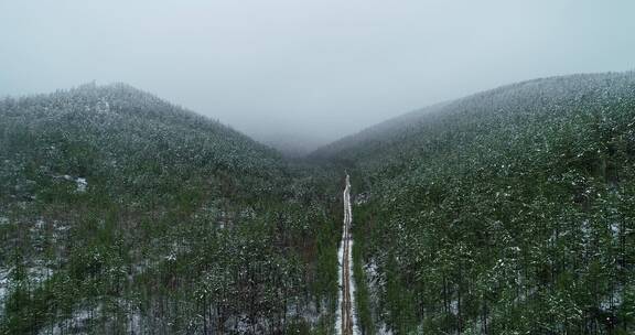 航拍大兴安岭春季降雪山林公路