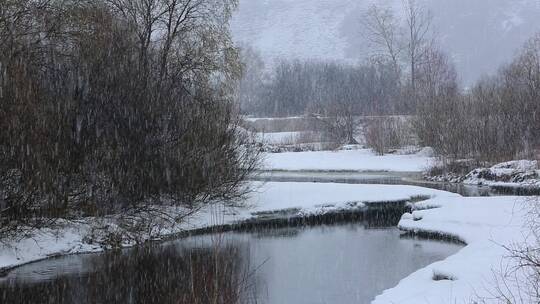 大兴安岭春季下雪时河流