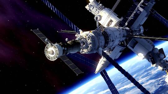 宇宙太空中飞行的航天器与空间站对接视频素材模板下载