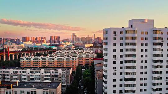 辽宁沈阳夕阳晚霞日落城市风景航拍