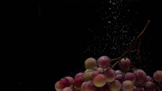 慢动作红葡萄落入黑色背景的透明水中
