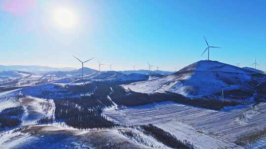 冬季承德丰宁坝上风电蓝天白云雪景航拍