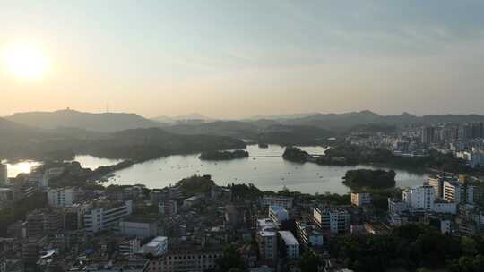 惠州西湖风景区航拍夕阳唯美日落湖泊风景