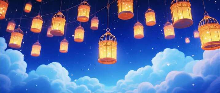 夜空漂浮发光鸟笼灯笼素材