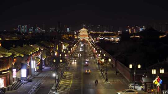 山西大同古城街道夜景灯火辉煌车水马龙