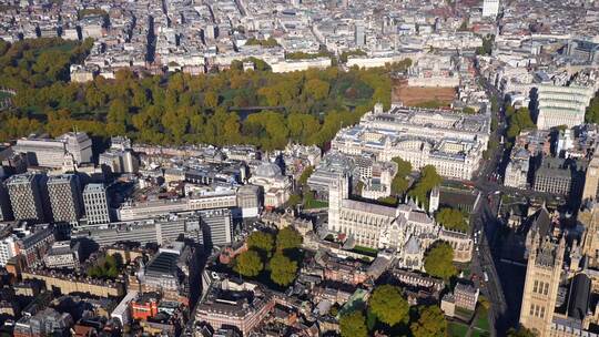 白金汉宫和圣詹姆斯公园的鸟瞰图，横跨维多利亚和威斯敏斯特教堂