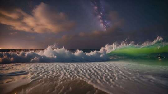 夜晚海浪星空海岸景象