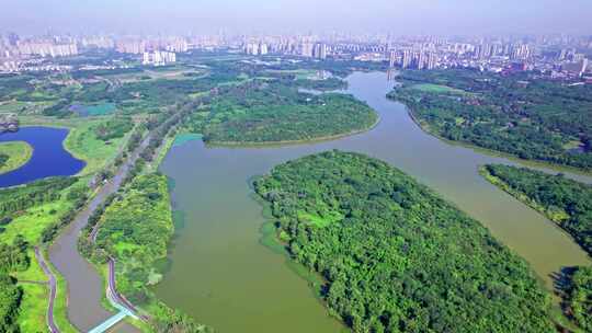 成都青龙湖湿地公园清晨白昼航拍