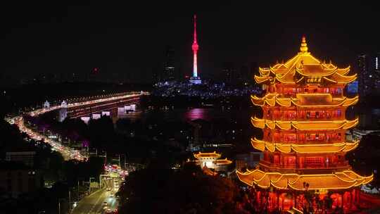 武汉黄鹤楼武汉灯光秀长江大桥夜景航拍