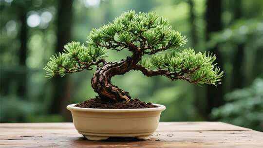 盆栽松树置于木质桌面