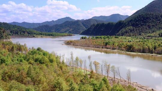 航拍脘南川藏线周边水杉树林湖景全景