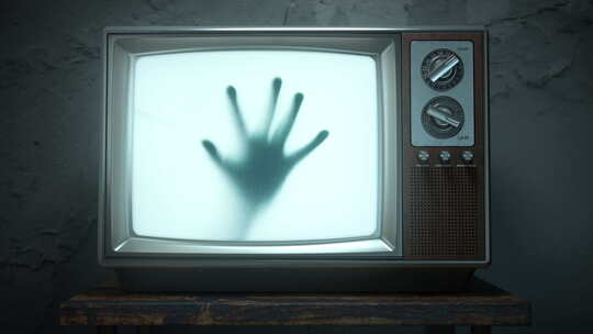 恐怖恐怖电影概念。鬼屋老式电视屏幕上的鬼视频素材模板下载