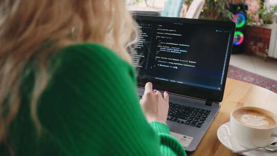 自由职业者程序员和数据科学家女性在展示的咖啡厅视图中使用笔记本电脑