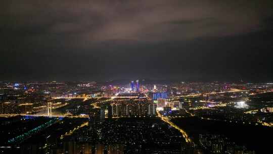 航拍湖州建筑桥梁双子塔喜来登夜景体育馆