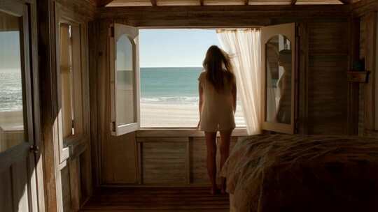 女子于卧室窗边眺望海景