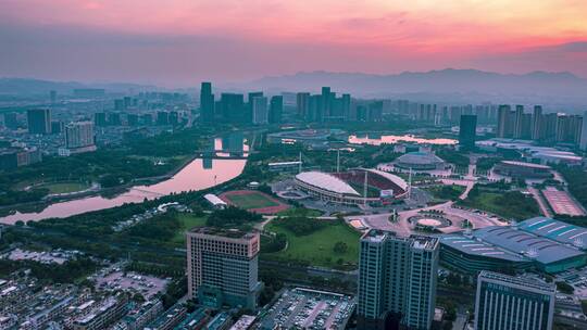 义乌市体育馆城市地标朝霞航拍延时