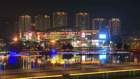 航拍扬州西区明月湖商圈夜景车流灯光素材