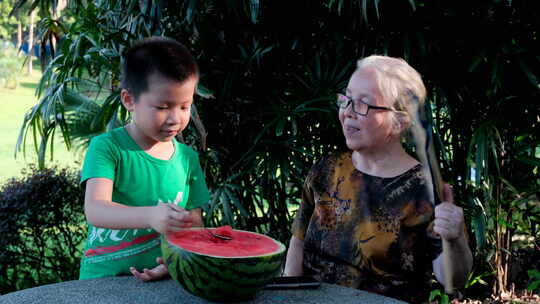 炎热夏天老奶奶和孙子一起吃西瓜视频素材模板下载