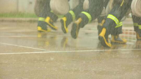 消防员雨中奔跑脚步特写