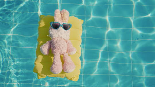 兔子玩偶漂浮在游泳池里视频素材模板下载