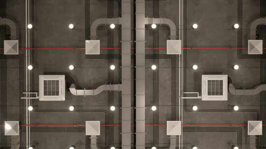 电气和通风系统，天花板下的通讯。3D渲染