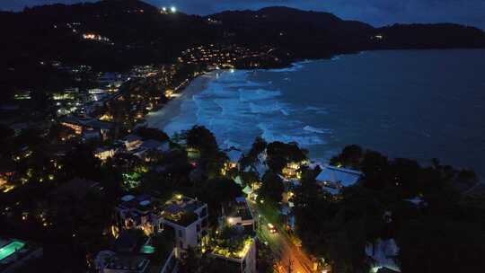 航拍泰国普吉岛卡塔海滩城市夜景风光