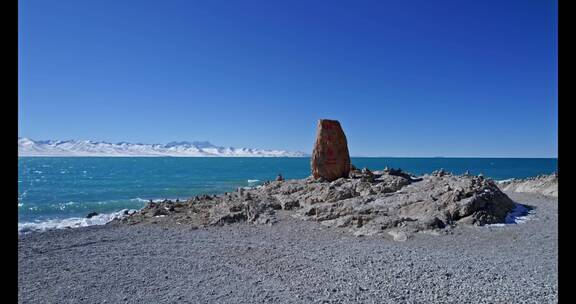 4K航拍高清西藏纳木措湖水高原雪山风景冬季